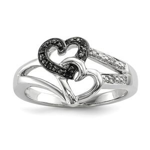 Black & White Diamond Double Heart Tapered Sterling Silver Ring Sz 7